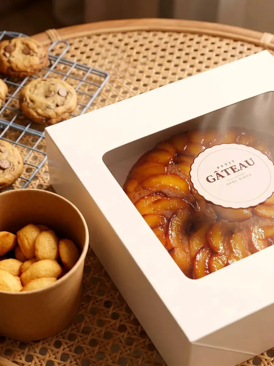 The Discovery Box, open: peach cake, cookies and petit madeleines, home-baked in Doha